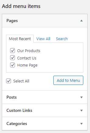 use the checkmarks to add pages to the menu